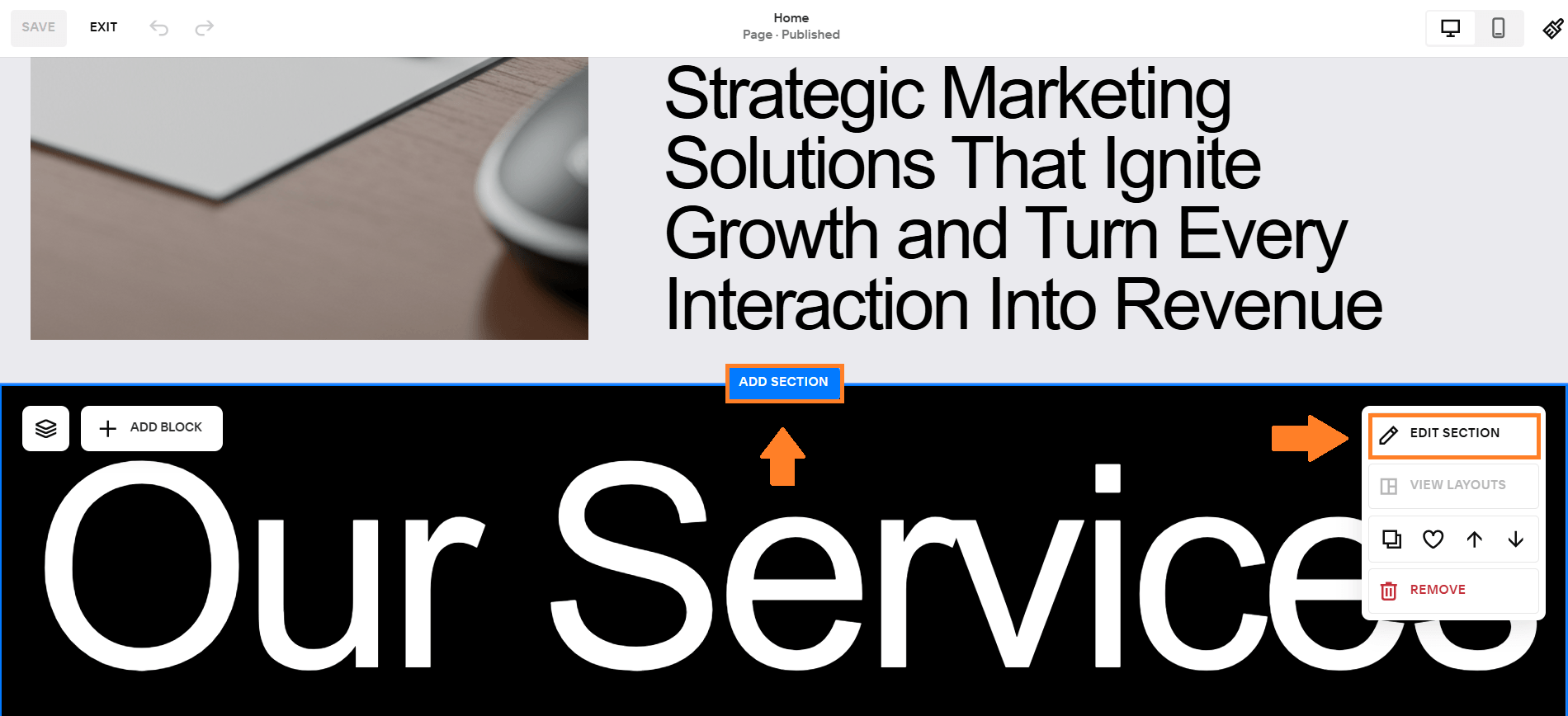 Add or Edit Section Squarespace